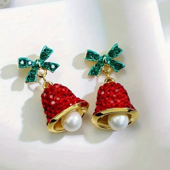 NEW Red Pave Crystal Pearl Drop Christmas Bell Earrings - Picture 2 of 4